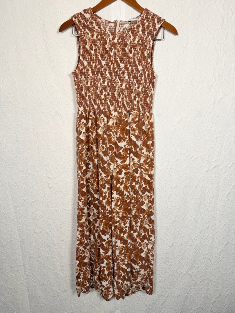 Calvin Klein Sleeveless Smocked Bodice Wide Leg Water Color Jumpsuit